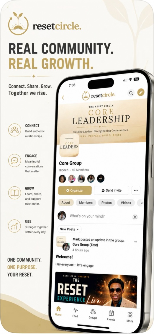 The Reset Circle app showing community groups and conversations.